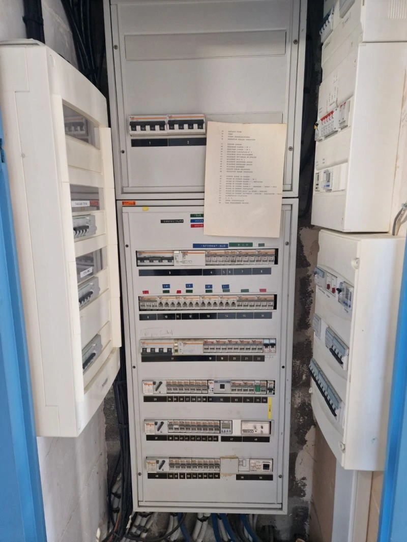 TGBT mairie de Verson avant remplacement — tableau vétuste encombré