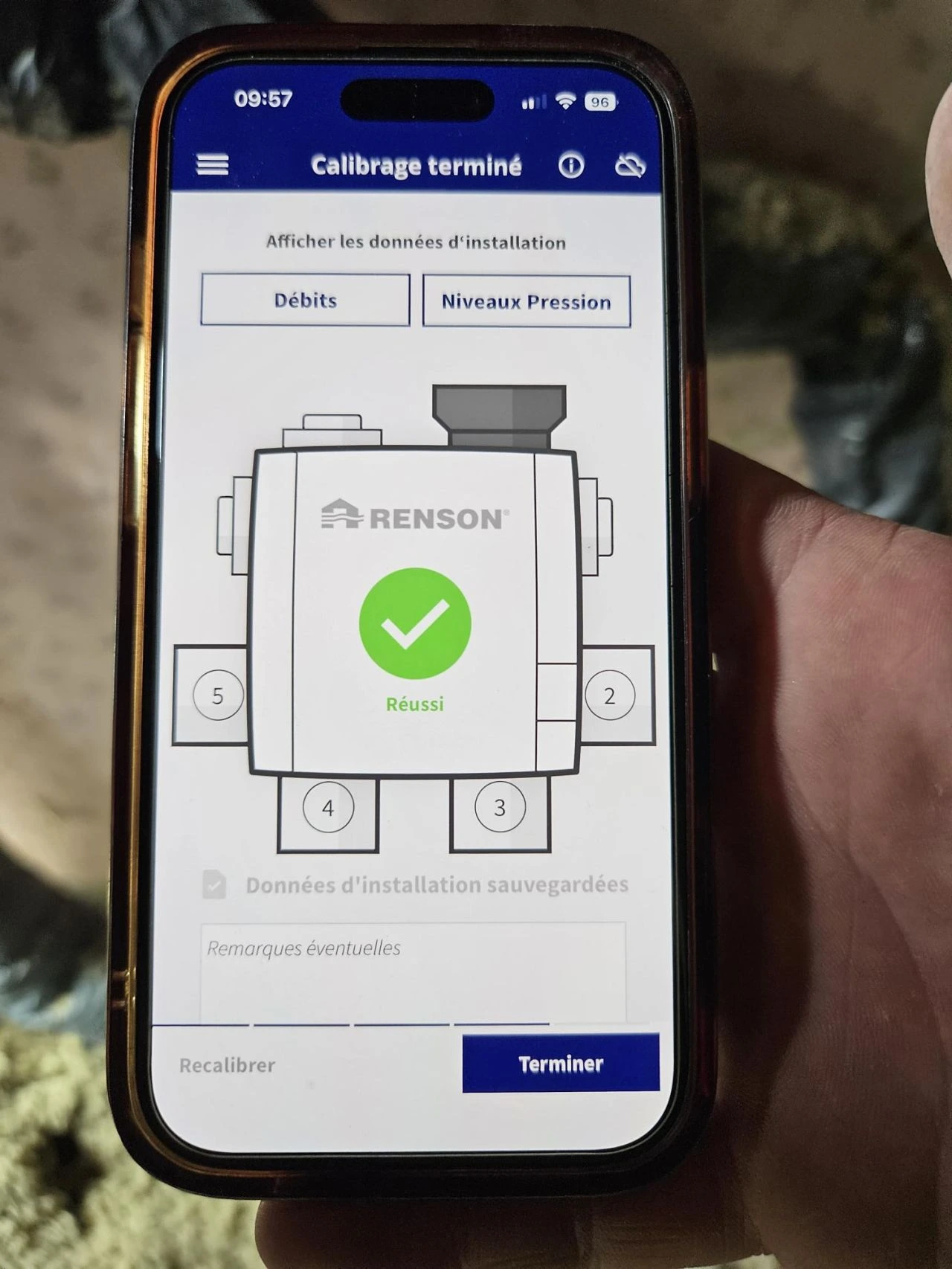Application Healthbox 3.0, calibrage terminé avec confirmation de réussite