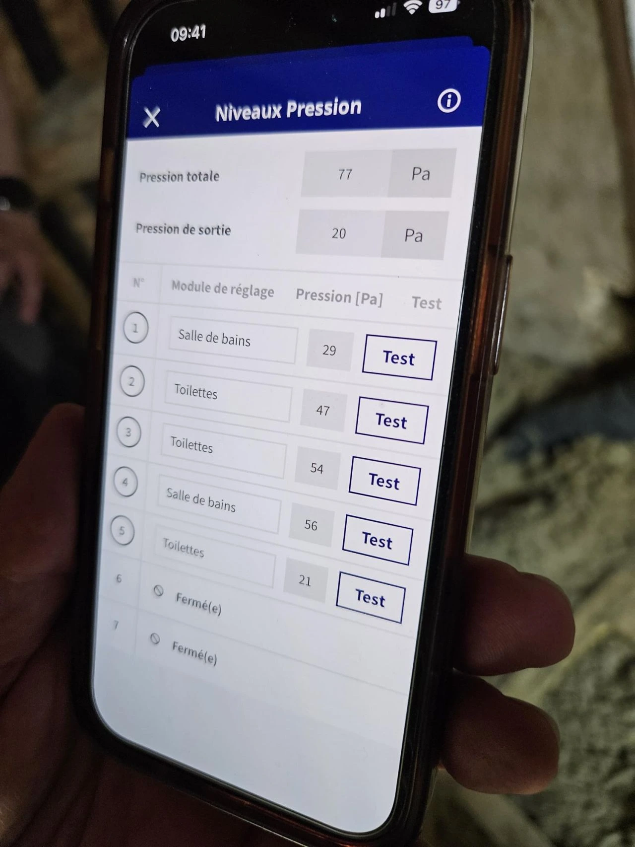 Application Healthbox 3.0, niveaux de pression par pièce avant mise en service